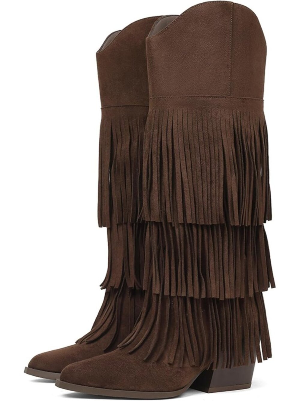 Women's All Brown Pointed Toe Pull On Block Chunky Heel Embroider Cowgirl Boot